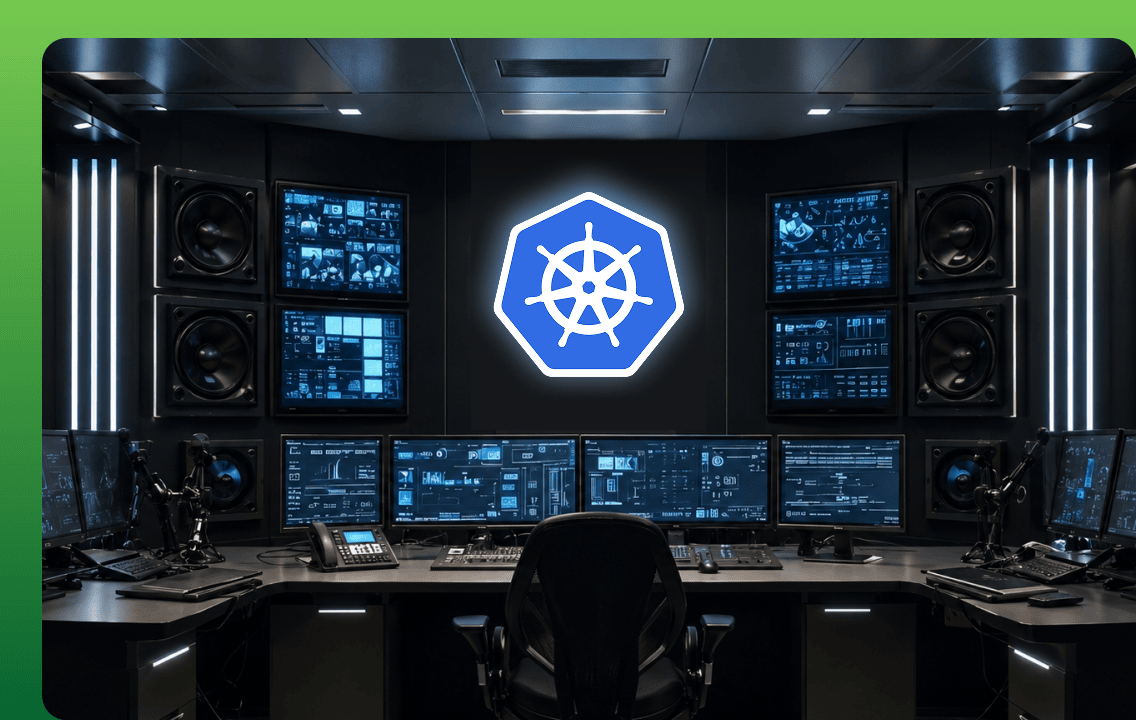 A futuristic command center filled with data monitors and a glowing blue Kubernetes logo on the main wall, symbolizing cluster management and automation.