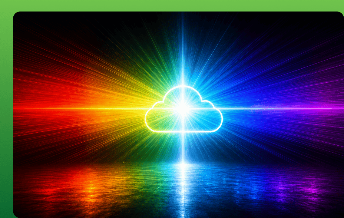 A glowing neon cloud outline radiating a vibrant multi-colored spectrum of light rays against a dark background, representing the diverse spectrum of BYOC deployment models and cloud architectures.