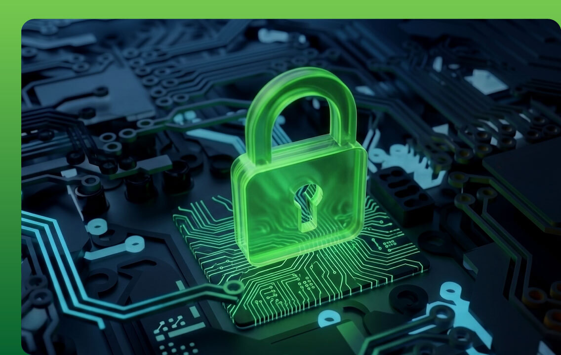 A glowing green padlock rendered on a dark circuit board, representing Omnistrate's enterprise-grade, zero-trust security posture validated by independent third-party penetration testing.