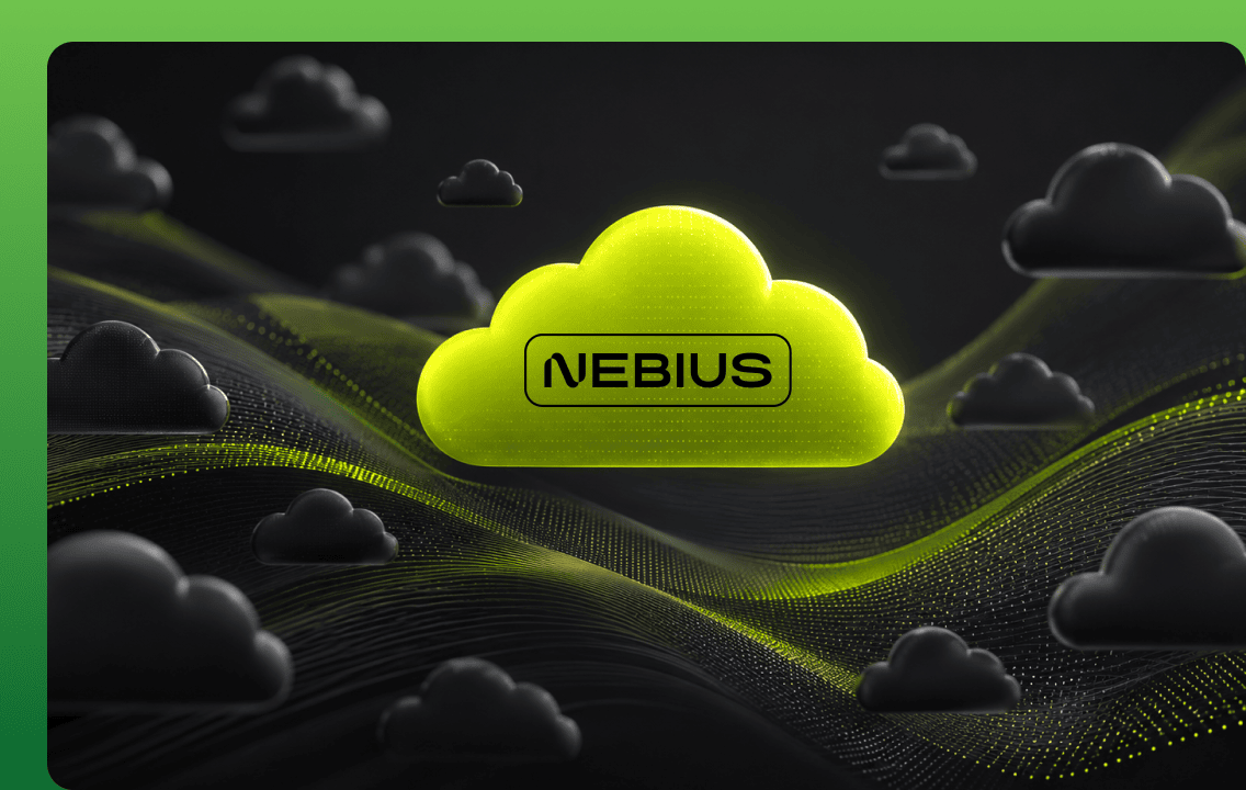 A glowing, bright green 3D cloud icon featuring the NEBIUS logo at its center, floating within a dark digital landscape of black clouds and flowing golden-green network data waves, representing Omnistrate's native Nebius neocloud support for GPU-intensive AI workloads