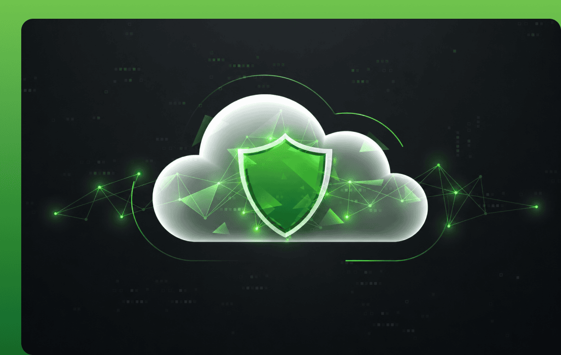 A glowing digital cloud protected by a green security shield and surrounded by network nodes, representing secure Bring Your Own Cloud (BYOC) enterprise software deployment.