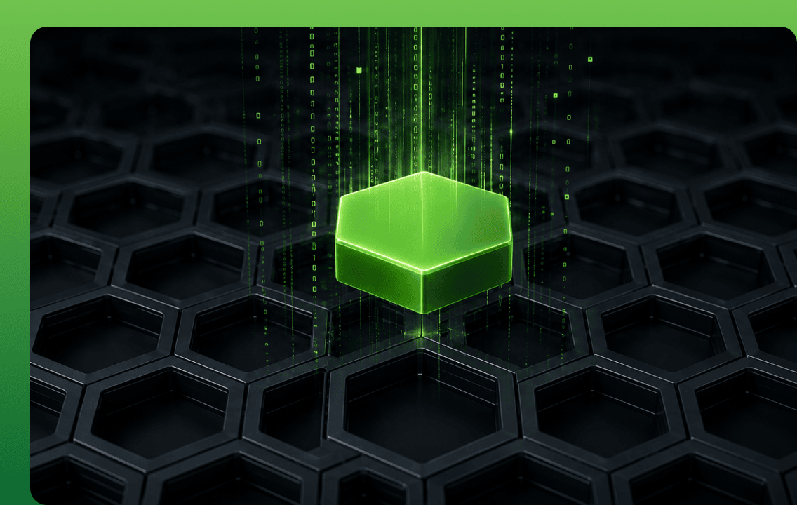 A single, glossy green hexagonal cell elevated above a dark, metallic honeycomb grid, with vertical streams of green binary code raining down on it to symbolize a dedicated single-tenant runtime or isolated cellular SaaS environment.